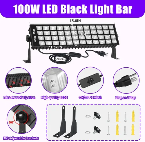 Miniatura 5 de 2 barras de luz LED negras de 100 W, luz negra impermeable IP66 con interruptor de cable de 6 pies, luces negras para fiesta de neón brillante