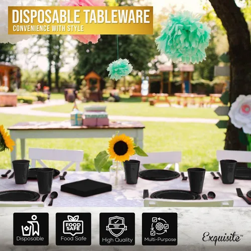 Miniatura 5 de 350 piezas de platos de plástico negro para fiestas, juego de platos desechables negros, 50 de cada juego de platos para cena de 9 pulgadas, platos
