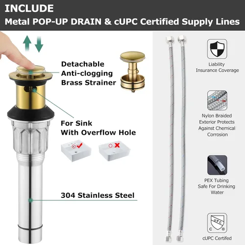 Miniatura 3 de PARLOS Grifo de lavabo de baño generalizado en cascada, 2 manijas con drenaje desplegable de metal y líneas de suministro de grifos cUPC, oro Oil