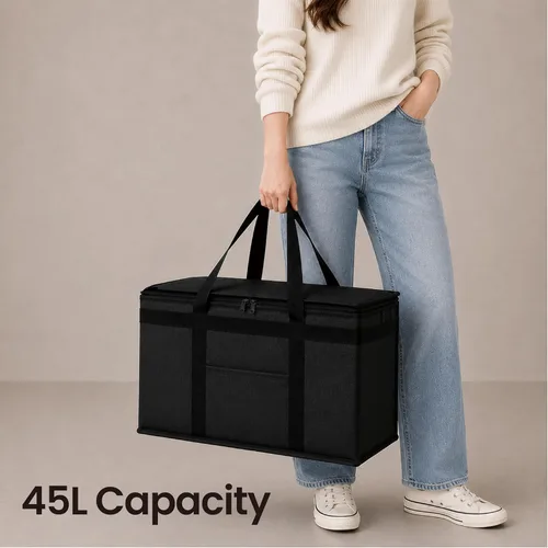 Miniatura 33 de NZ home Bolsa térmica XXL aislada y calentador de alimentos para entrega y compras de comestibles con parte superior con cremallera, color negro