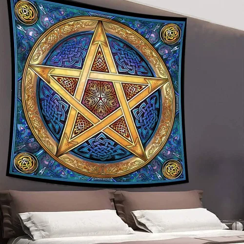 Miniatura 5 de Tapiz pentagrama, nudo celta, astrología hippie trippy, 60 x 60 pulgadas, dormitorio, sala de estar