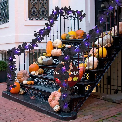 Miniatura 7 de RECUTMS Guirnalda de hojas de arce de otoño, hojas de otoño negras, guirnalda artificial de otoño, decoración de Halloween, Acción de Gracias