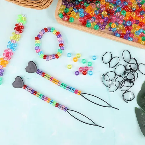 Miniatura 6 de Kit de 1605 trenzas de cabello que incluye 600 cuentas de pony con purpurina de 0.354x0.236 in, 1000 bandas elásticas de goma y 5 cuentas rápidas