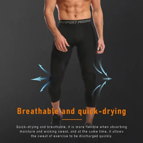 Miniatura 3 de Paquete de 2 pantalones de baloncesto para hombre con rodilleras 3/4 capri acolchadas, mallas de compresión deportivas, capa base atlética