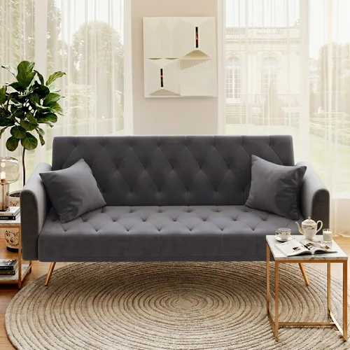 Miniatura 10 de Anwick - Sofá cama futón de terciopelo moderno con 2 almohadas, sofá cama convertible 2 en 1, sofá biplaza reclinable plegable con patas de metal