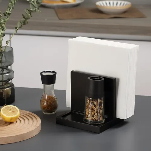 Miniatura 6 de Servilletero de Madera porta servilletas porta sal y pimienta con Salero y Pimentero Caddy, Adecuado para Cocina, Restaurante, Bar, Oficina, Negro
