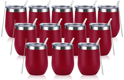 Miniatura 13 de Paquete de 12 vasos de vino de acero inoxidable, 12 onzas, doble pared, aislados al vacío, con tapas y pajitas, copas de vino sin tallo de acero Oro