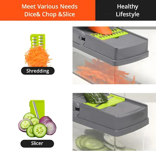 Miniatura 8 de Picador de verduras 15 en 1 con recipiente y tapa, picador de alimentos multifunción, cortador de mandolina, cortador de verduras para cebolla