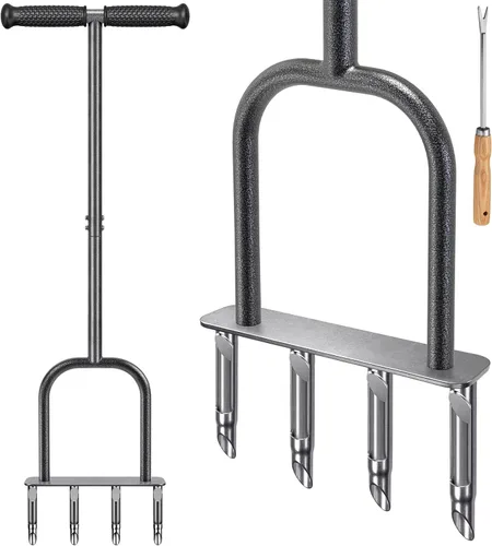 Dolibest Herramienta de aireador manual para césped, aireadores manuales de enchufe de patio con 4 tapones semiabiertos de acero inoxidable,
