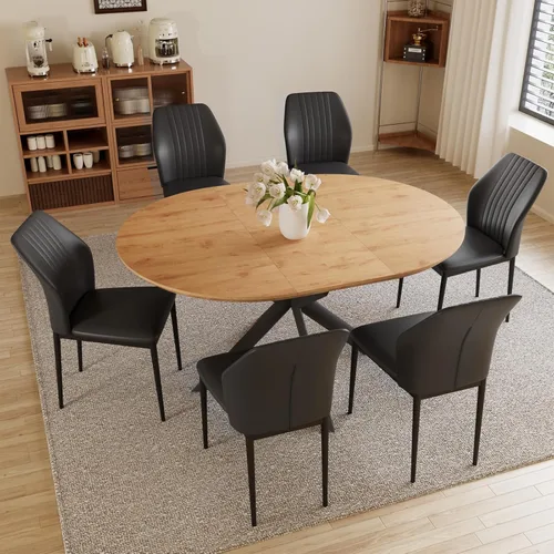 Miniatura 9 de HIPIHOM - Mesa de comedor redonda extensible de 43.2"-59.1", mesa redonda moderna de madera de mediados de siglo, mesa de café de roble para ocio