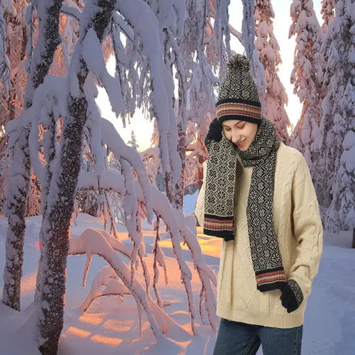 Miniatura 3 de 3 piezas de gorro de invierno bufanda y guantes para pantalla táctil para mujer, gorro de punto, gorro de cuello cálido, bufanda con forro polar