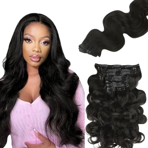 Miniatura 87 de Lashey - Extensiones de cabello con clip sin costuras, de cabello humano real, 7 unidades, 110 g, 14 pulgadas, color negro natural, lacio