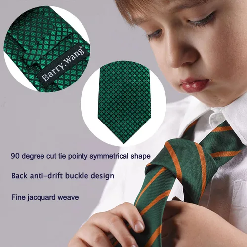 Miniatura 77 de Barry.Wang Corbata de niño regular seda tejida rayas sólido lazo bolsillo cuadrado