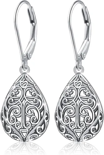 Miniatura 7 de Aretes colgantes de filigrana de plata de ley 925, margarita, loto, flor de rosa, piedra lunar, lágrima para mujer, nudo celta infinito, margarita