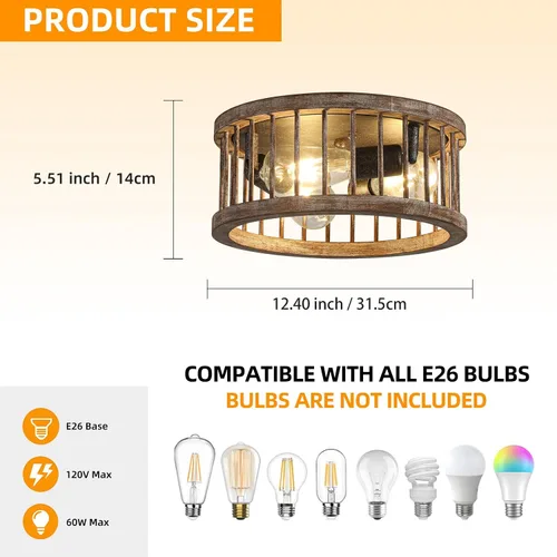 Miniatura 3 de Lámpara de techo de montaje empotrado estilo granja, 3 luces de metal y madera de 12.6 pulgadas, lámpara de techo para cocina, pasillo, comedor
