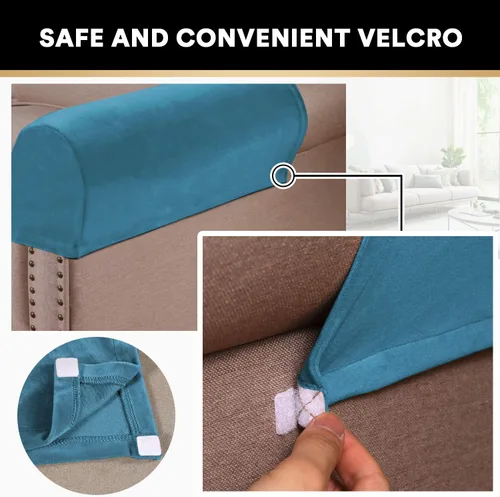 Miniatura 4 de PrinceDeco 2 Pack Thick Velvet Stretch Armrest Covers for Chairs and Sofas, Non Slip, Blue