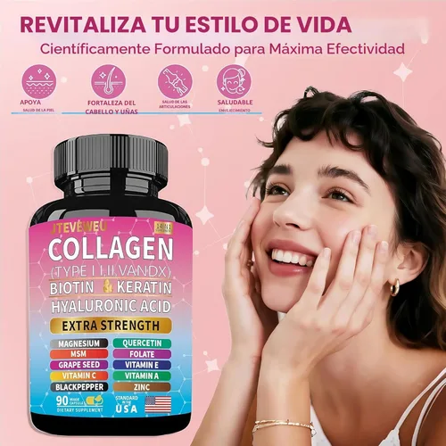 Miniatura 6 de Suplemento de colágeno - Tipos I, II, III, V y X, MCG Biotina, queratina, ácido hialurónico, zinc, extracto de semilla de uva, quercetina, vitamina