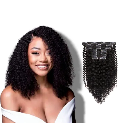 Kinkys - Extensiones de cabello rizado con clip, 3C 4A, negro natural, 100% cabello humano Remy, 4.23 oz, 7 piezas, 18 clips para mujeres