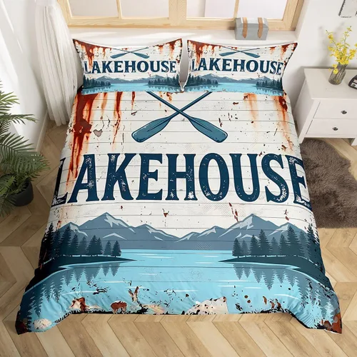 Miniatura 23 de Erosebridal Lake House Twin Bed Set for Boys Girls Kids, Blue and Beige Lakehouse 2Pcs Duvet Cover with Zipper, Rustic Farmhouse Bedding Sets
