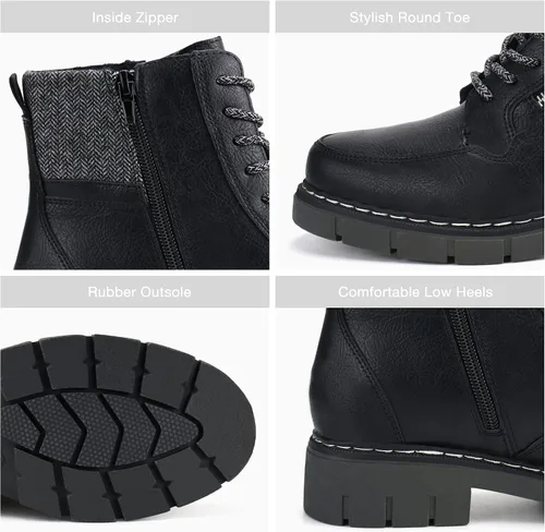 Miniatura 4 de starmerx Botas de combate con cordones para mujer botines de tacón bajo cómodos botines con cremallera lateral