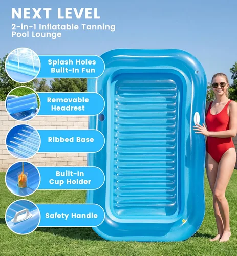 Miniatura 10 de Inflatable Tanning Pool Lounger Float with Sprinkler, 77" x 48" XL Tanning Pool for Adults with Pillow & Cup Holder, 6 in 1 Suntan Tub Sunbathing