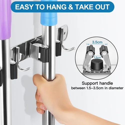 Miniatura 3 de IMILLET Soporte para escoba con montaje en pared, soporte para escoba y fregona de acero inoxidable autoadhesivo, ganchos resistentes, organizador 4