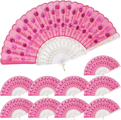 QIRMIZI Paquete de 10 ventiladores plegables de tela, perfectos para bodas, fiestas y bailes, color rosa oscuro