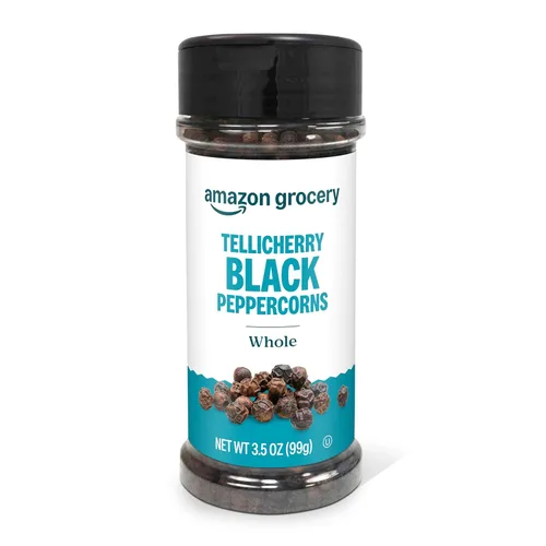 Amazon Grocery, granos enteros de pimienta negra Tellicherry, 3.5 oz (anteriormente Happy Belly, el empaque puede variar)