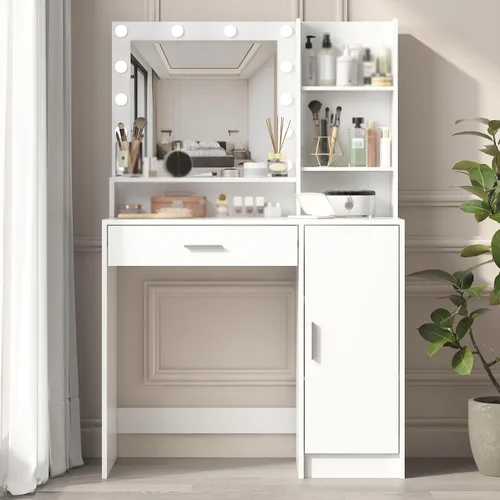 Miniatura 2 de Vanity Desk with Mirror & Light, Large Drawer Three Level Storage Dresser, 3 Lighting Modes Adjustable Brightness, Bedroom Dressing Table(White)