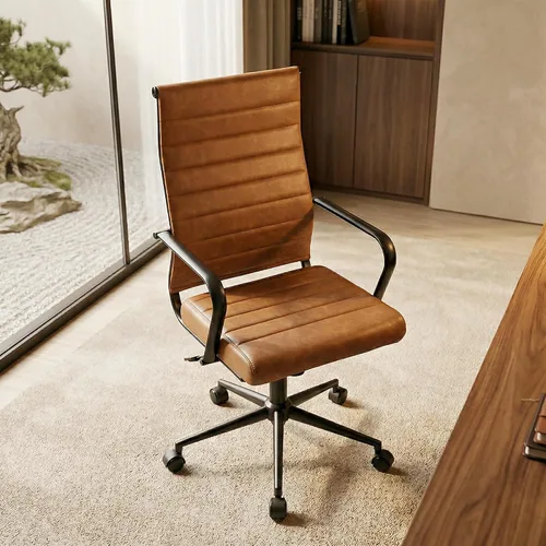 Miniatura 9 de Okeysen Silla de escritorio de oficina de cuero, sillas de sala de conferencias de cuero modernas de mediados de siglo, silla giratoria ergonómica