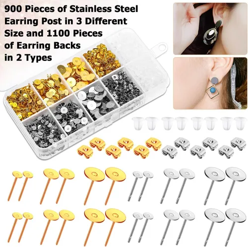 Miniatura 4 de Caffox - Juego de 2000 aretes hipoalergénicos con base de anillo y parte trasera para aretes de cuero, arcilla, perlas (oro y plata)