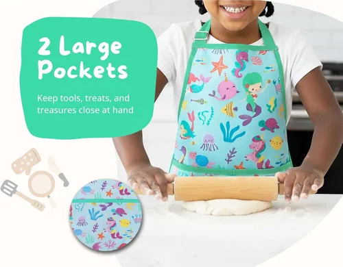 Miniatura 4 de PurpleEssences Delantal para niños con correa ajustable para el cuello y bolsillo frontal, delantal de chef para hornear y manualidades, 15 x 18