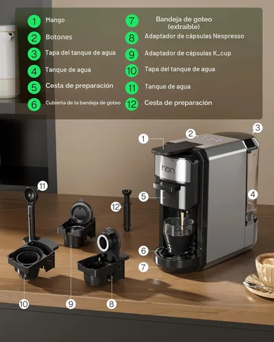 Miniatura 5 de HBN 3 en 1 para cápsulas Nespresso, cápsulas K-Cup y café molido, cafetera múltiple de una sola porción, máquina de café espresso programable de 19