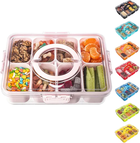 Miniatura 14 de Dingerjar Bandeja dividida para servir con tapa y asa, contenedor de charcutería para aperitivos portátiles, organizador transparente para dulces