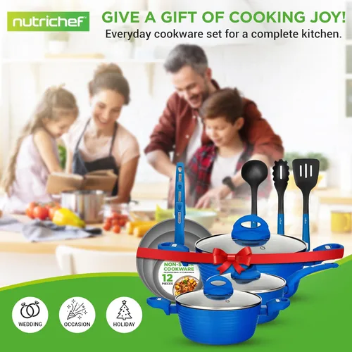 Miniatura 7 de NutriChef Juego de utensilios de cocina antiadherentes de 12 piezas, sin PFOA/PFOS, resistente al calor, juego de ollas y sartenes de cocina, Azul