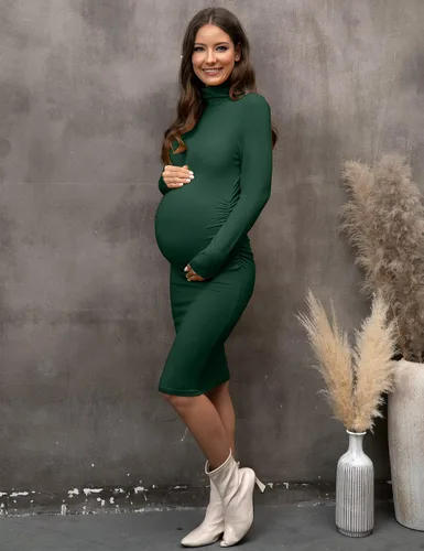 Miniatura 6 de abkylie Vestido de maternidad de manga larga de cuello alto con fruncido laterallongitud a la rodilla, vestido de embarazo para otoño sesión