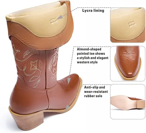 Miniatura 3 de GOSERCE Botas vaqueras para mujer, botas vaqueras a media pantorrilla, bordado floral, punta puntiaguda, tacón grueso, 2.5 pulgadas, de moda
