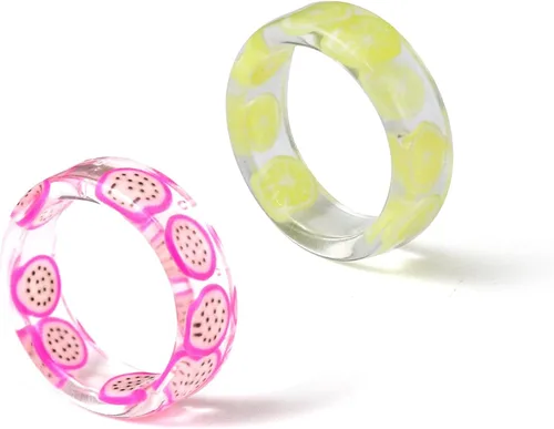 COLORFUL BLING Juego de 6 anillos de resina para frutas Pitaya, fresa, manzana, sandía limón, kiwi, uva de verano, nudillos de acrílico transparente