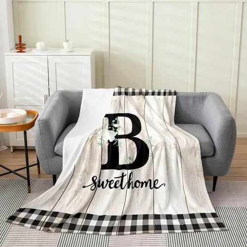 Miniatura 25 de Erosebridal Flower Initial S Flannel Blanket White Floral Flowers Fleece Blanket,40"X50",Personalized Letters Fuzzy Plush Throw for Sofa Beige Negro