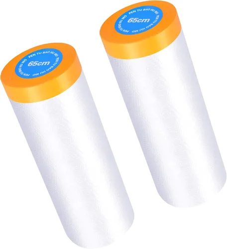 Miniatura 8 de Muf 2 x 65 pies de tela plástica para goteos, lámina de plástico con cinta adhesiva, película de enmascaramiento protectora impermeable, previene