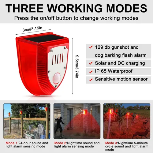 Miniatura 2 de Qualirey Detector de movimiento de alarma solar con sensor de movimiento al aire libre de 129 db, luz estroboscópica para perro, detector de alarma