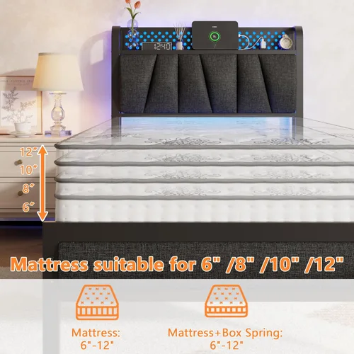 Miniatura 8 de Furnulem Base de cama individual con luz LED y estación de carga, cabecera de almacenamiento tapizada gris con estante, cama de plataforma de metal