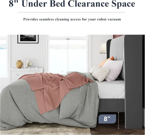 Miniatura 8 de Allewie - Base de cama tamaño King con cabecera tapizada en terciopelo y diseño acanalado vertical; base de cama tapizada en plataforma; no necesita