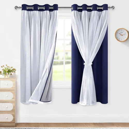 Miniatura 25 de XWZO Cortinas 100% opacas de doble capa para guardería, cortinas opacas con superposición transparente para dormitorio de niñas, cortinas