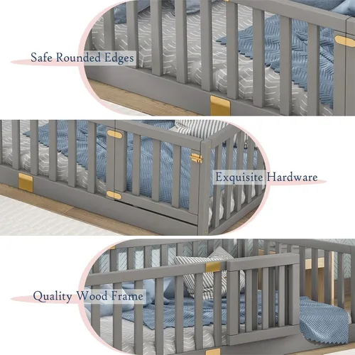 Miniatura 7 de Tatub Cama Montessori de suelo individual con rieles altos, marco de cama Montessori de madera maciza para niños, la puerta se puede instalar a Gris