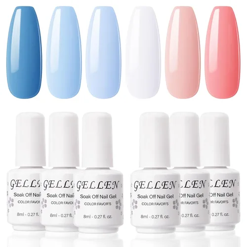Gellen Juego de 6 esmaltes de uñas de gel UV LED, colección de colores variados, 8 ml, cada uno 6 unidades - Verano Azul Blanco