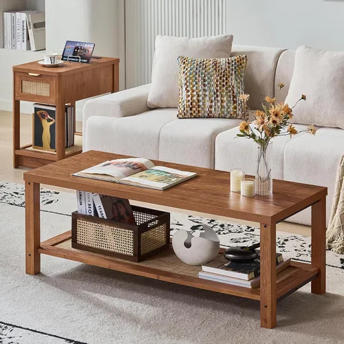Miniatura 9 de Lerliuo - Mesas de café boho para sala de estar, mesa central de ratán con estante de almacenamiento abierto, madera natural