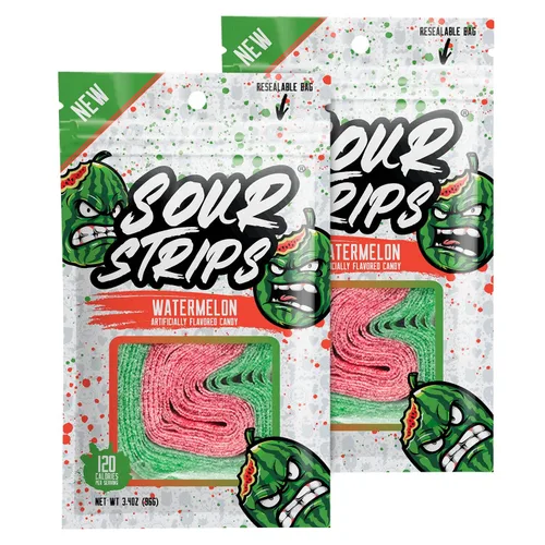 SOUR STRIPS Tiras de caramelo agrio con sabor a sandía, cinturones de caramelo deliciosamente agrios | Caramelos veganos, 12 tiras por paquete,