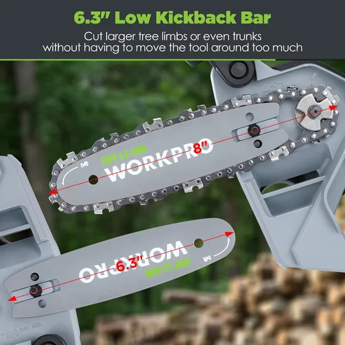 Miniatura 5 de WORKPRO Mini motosierra, motosierra compacta sin escobillas de 6.3 pulgadas con batería de 4.0 Ah, sierra de madera portátil de 20 V con una sola