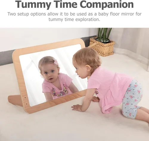 Miniatura 5 de Montessori Baby Espejo de seguridad inastillable 2 en 1 con barra de dominadas, montaje en pared infantil y juego en el suelo para el tiempo boca